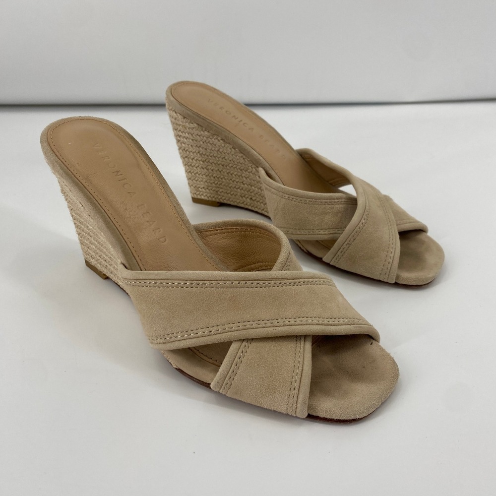 Veronica Beard Edna Espadrille Wedge Sandals 5.5 Beige Suede Crisscross Straps